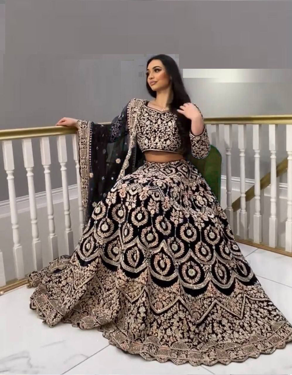 Designer Black Velvet Sequance Embroidered Work Wedding Wear  Floral Lehenga Choli With Dupatta