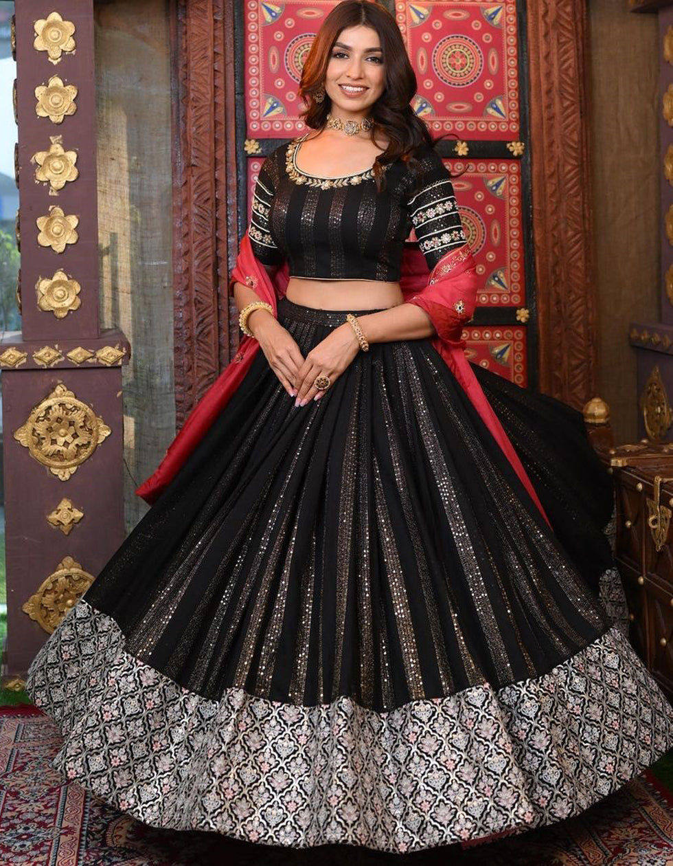 Black Geogette Sequence Embroidered Work  Party Wear Lehenga Choli With Dupatta