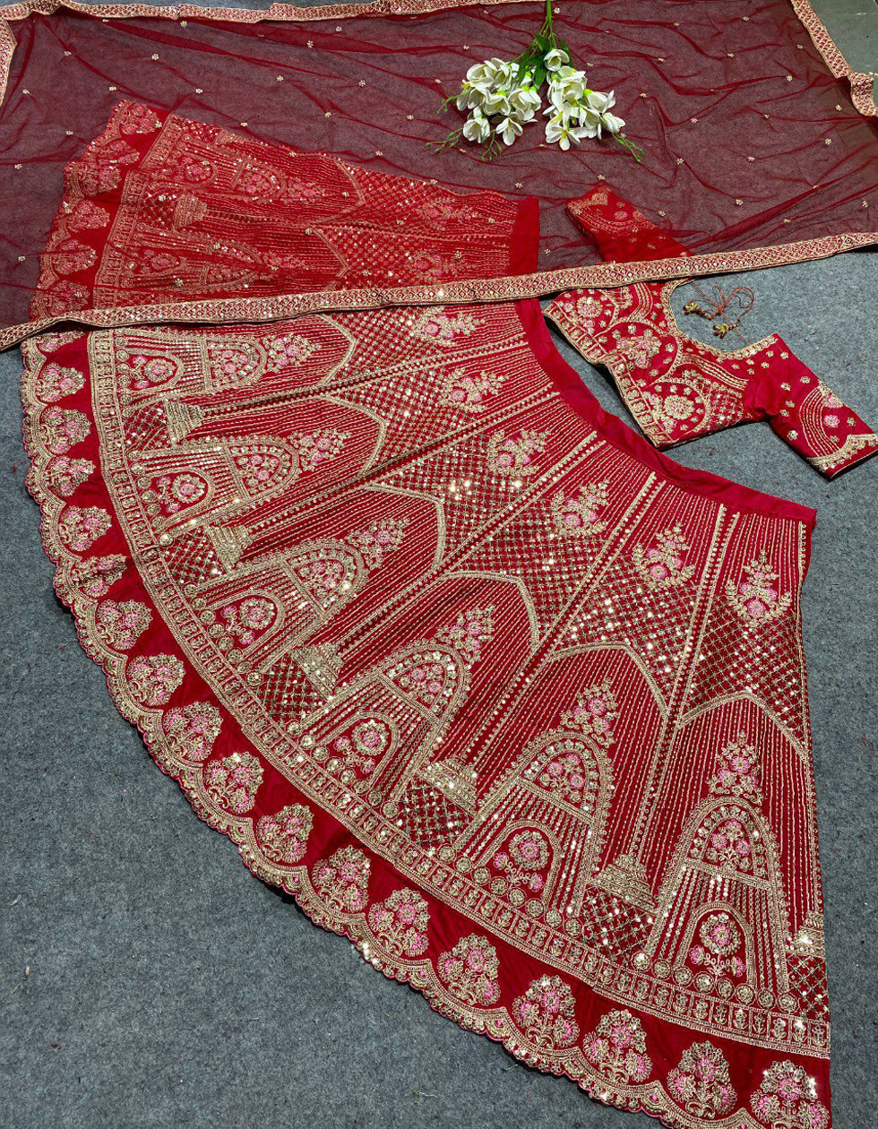 Red Satin Coding Embroidered Party Wear Lehenga Choli