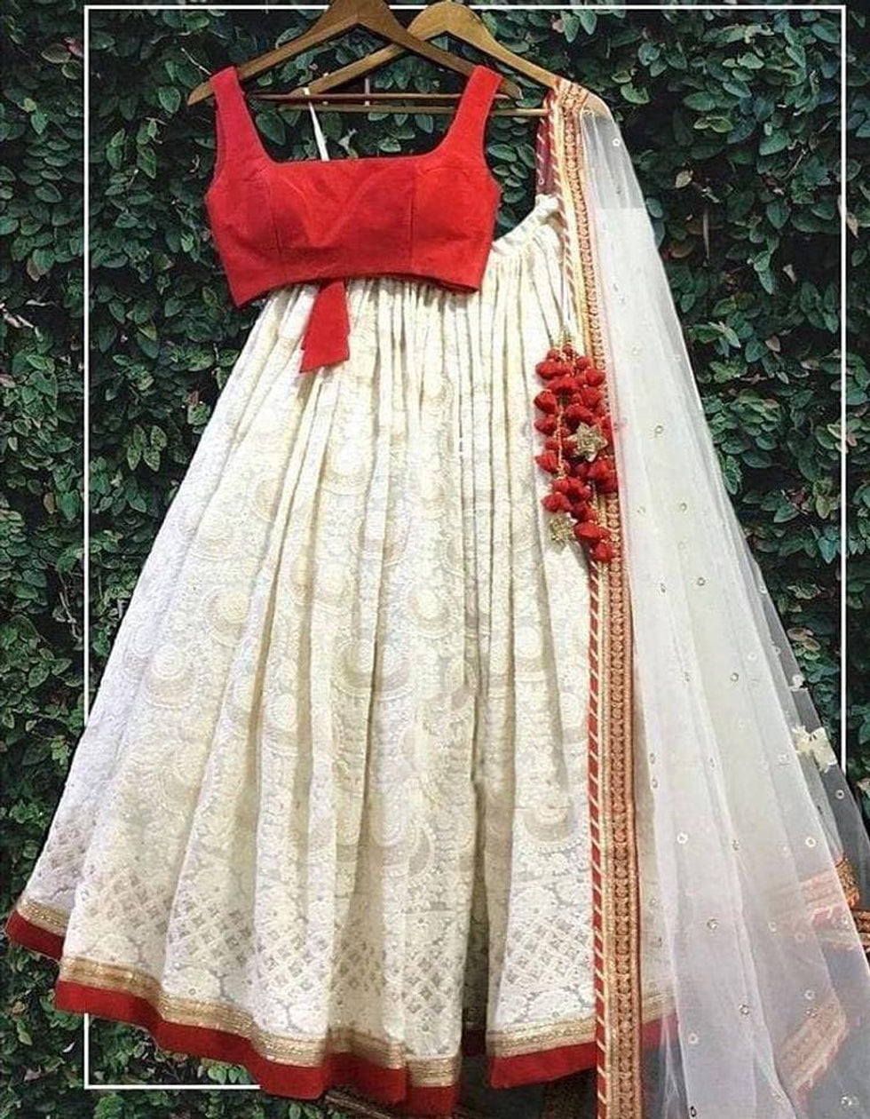 White Georgette Embroidered Work Party Wear Lehenga Choli