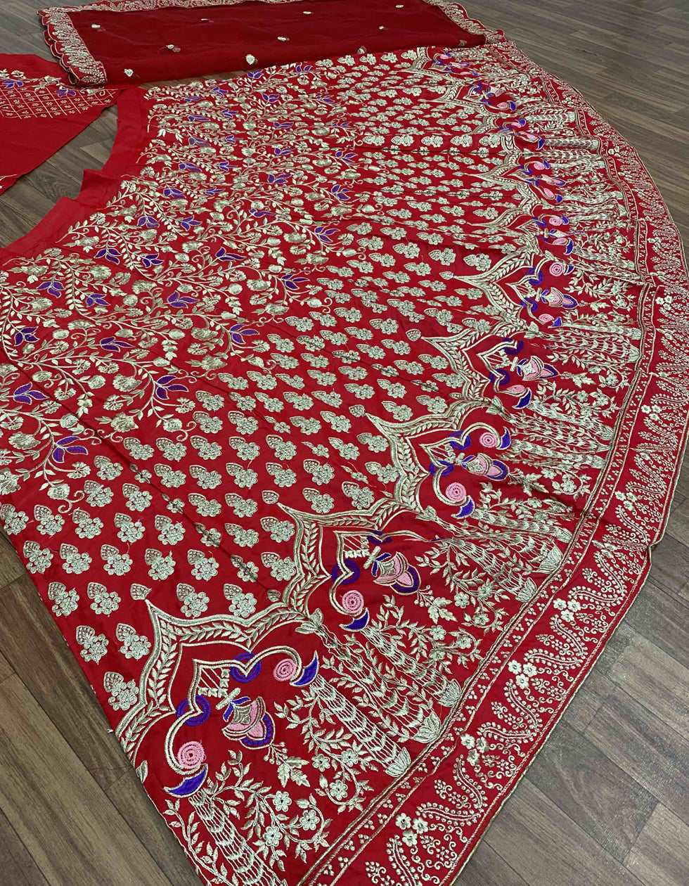 Red Malay Satin Silk Embroidered Coding Work Bridal Collecation Lehenga Choli