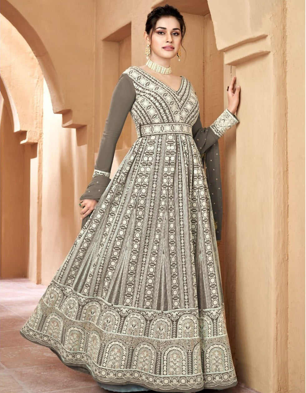 Grey Georgette Embroidered Party Wear Gown With Dupatta 