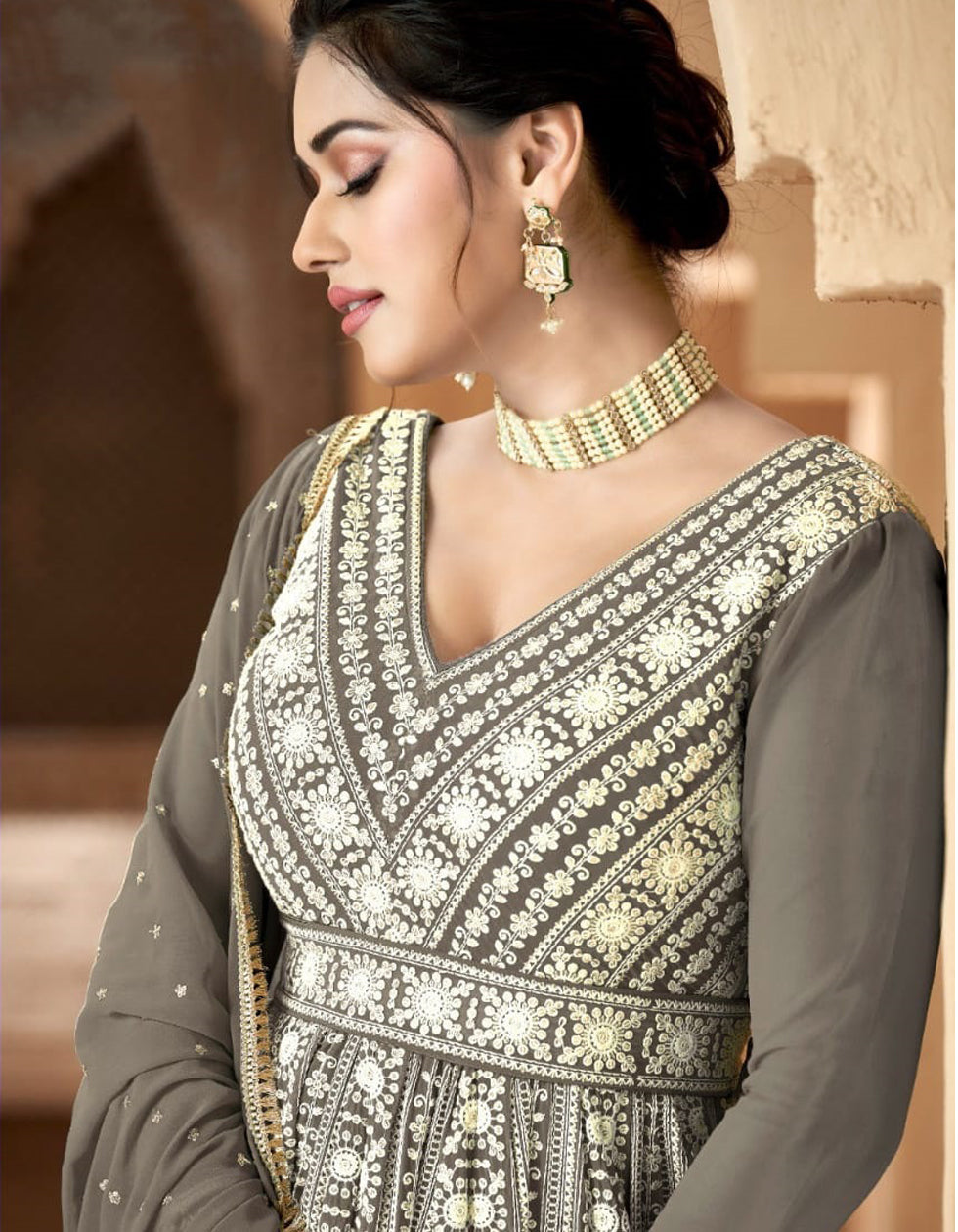 Grey Georgette Embroidered Party Wear Gown With Dupatta