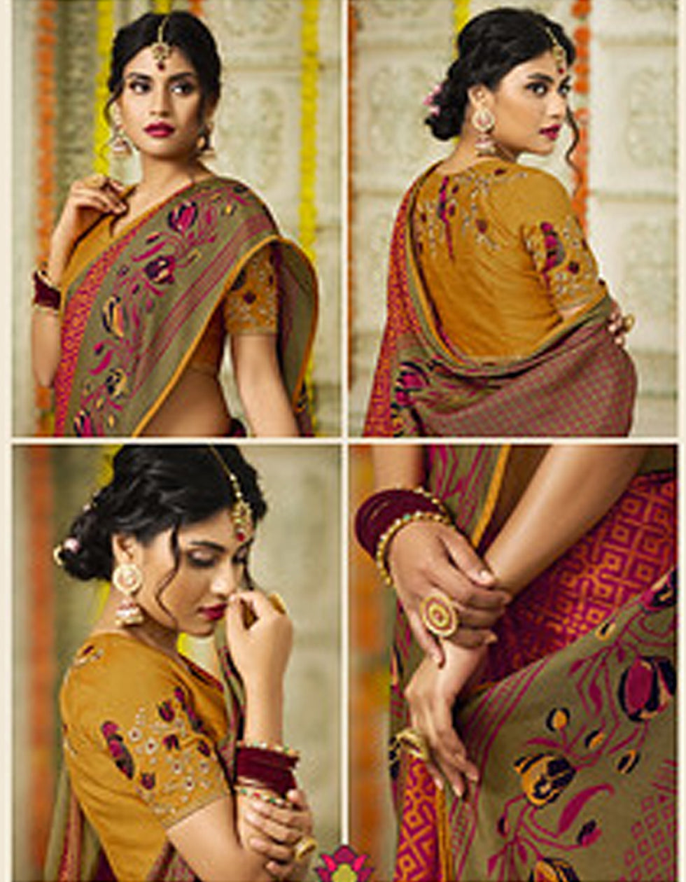 Dark Orange Silk Printed Saree With Matching Blouse