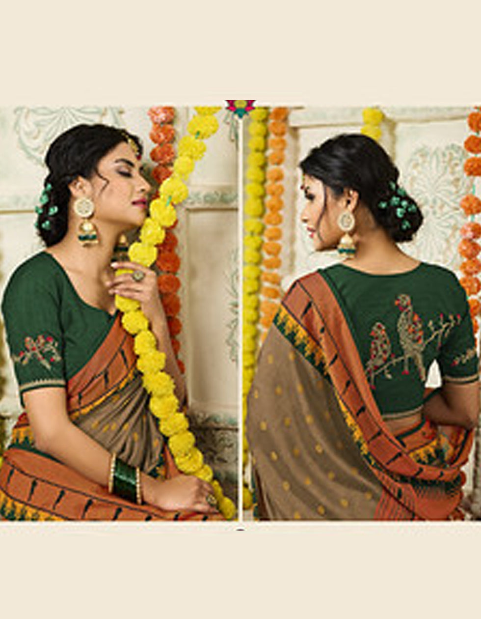 Designer Light Brown Green Silk Brasso Printed Saree