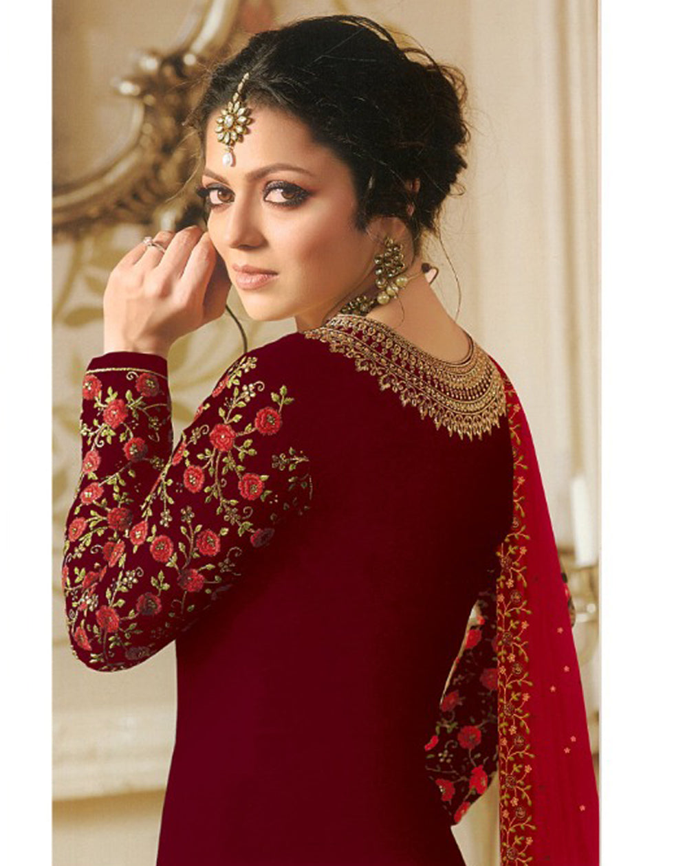 Designer Maroon Georgette Gown With Embroidery Work