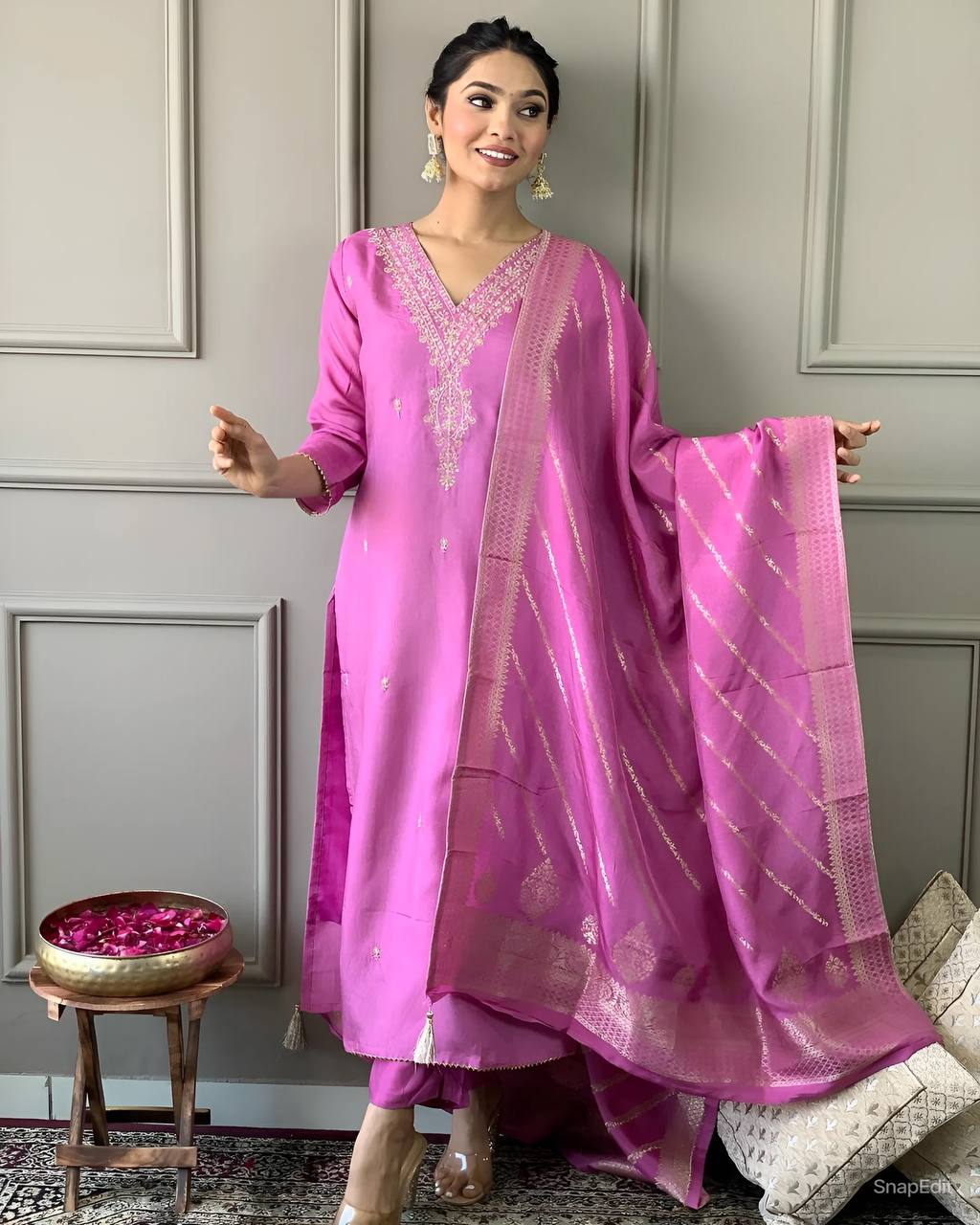 Embroidered V-Neck Thread Work Pink Kurta Set