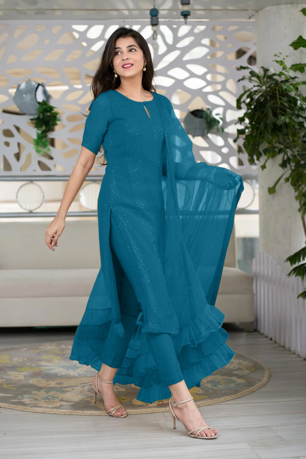 Polyester Blue Party Wear Kurta Set