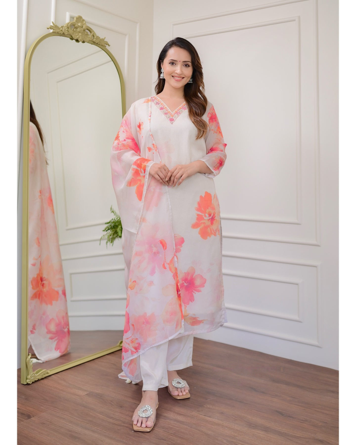Off White Floral Print Organza Kurta Set