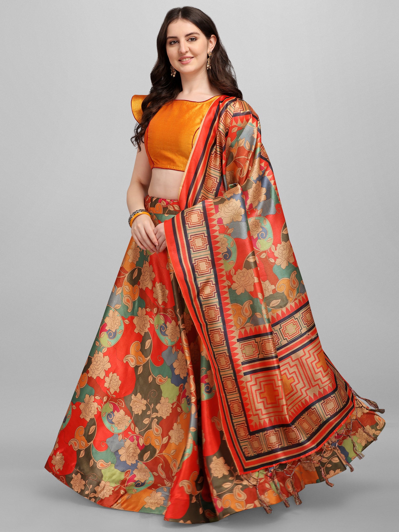 Designer Orange Silk Lehenga Choli with Heavy Floral Print