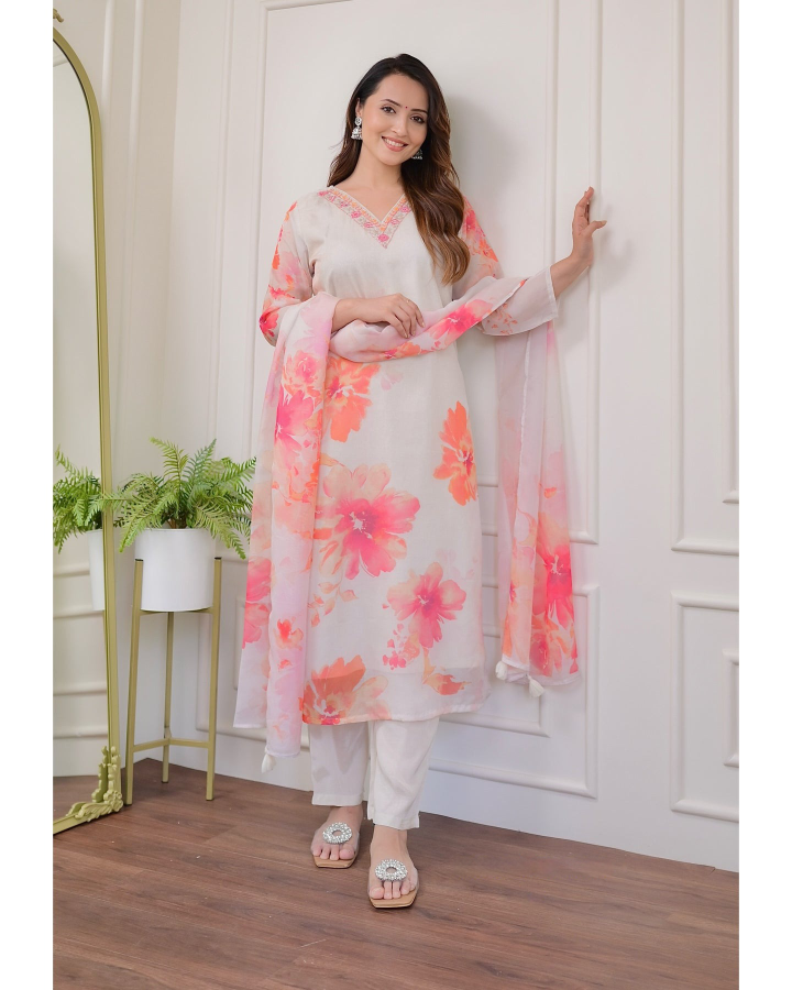 Off White Floral Print Organza Kurta Set