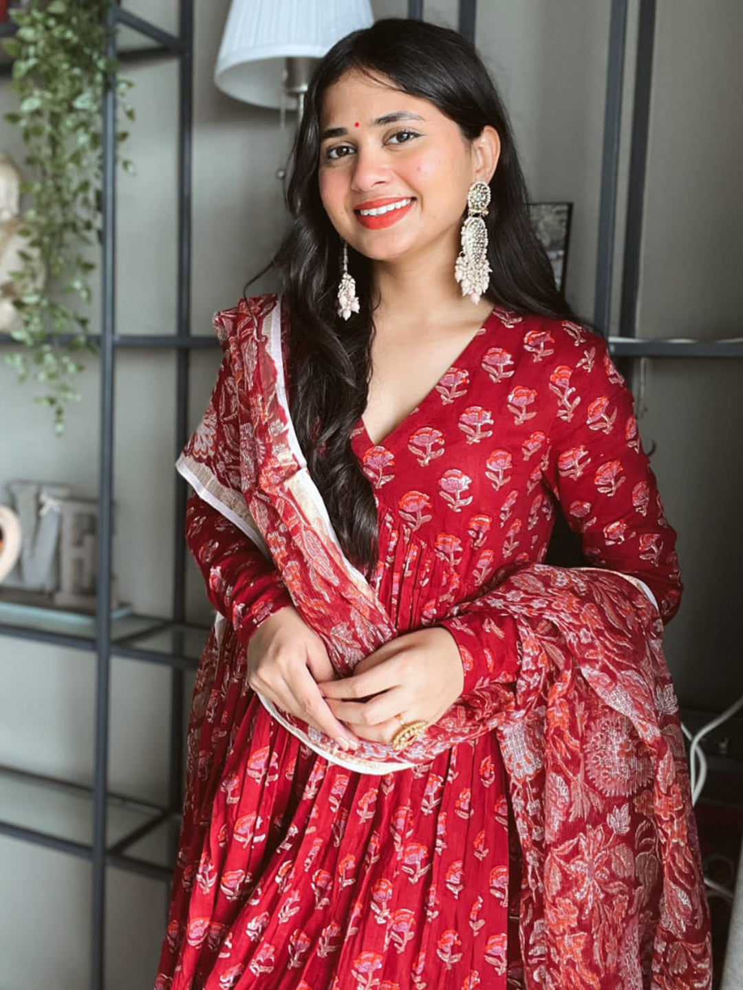 Casual Wear Printed Red Kurta Set