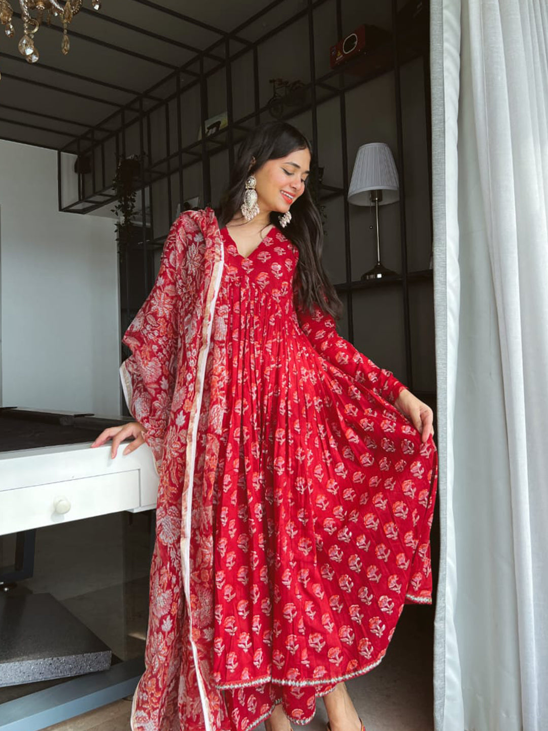 Casual Wear Printed Red Kurta Set