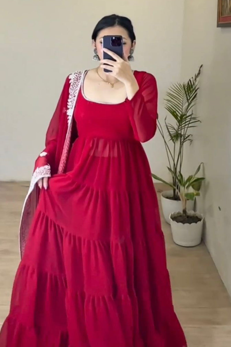 Festival Wear Flared Red Anarkali Suit