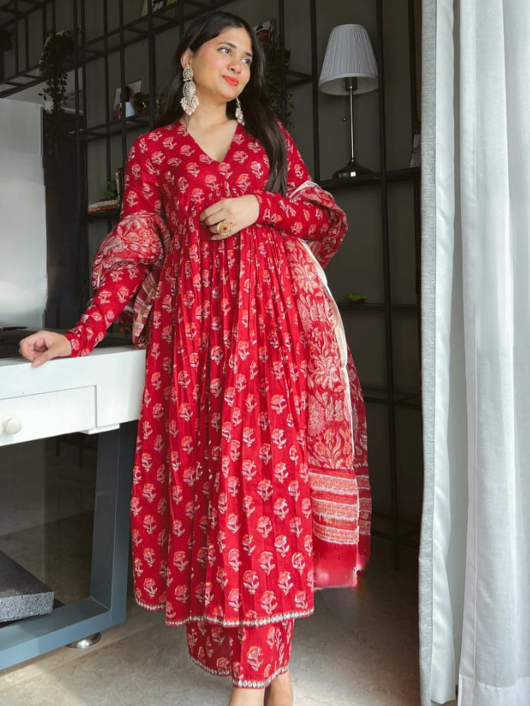 Casual Wear Printed Red Kurta Set