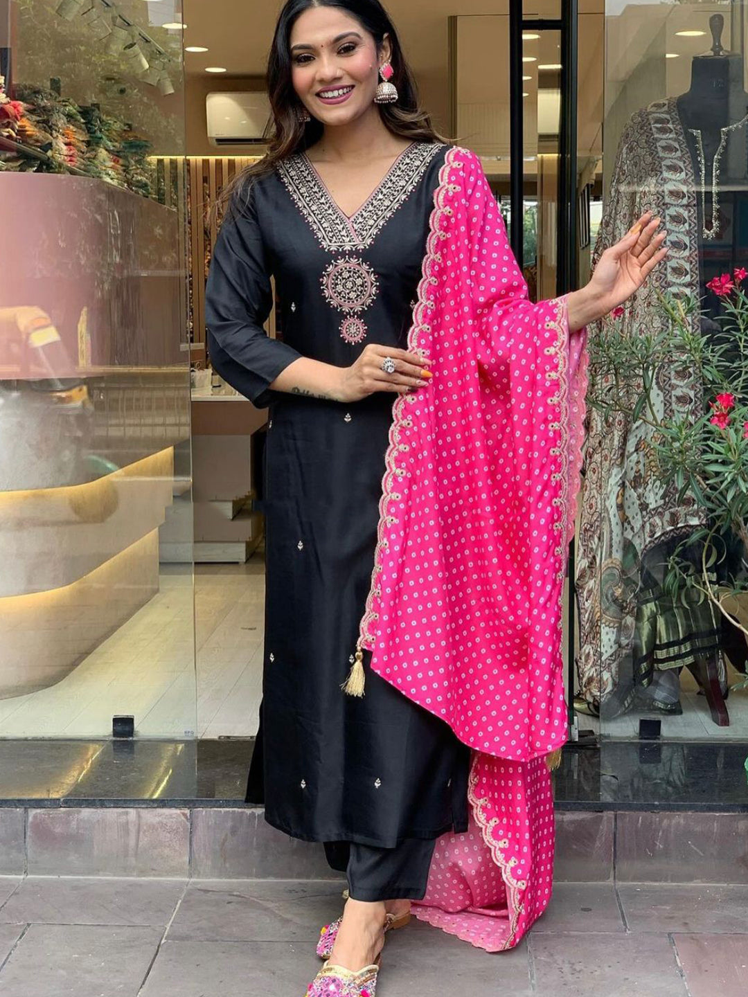 Black Embroidered Kurta With Bottom & Dupatta Set