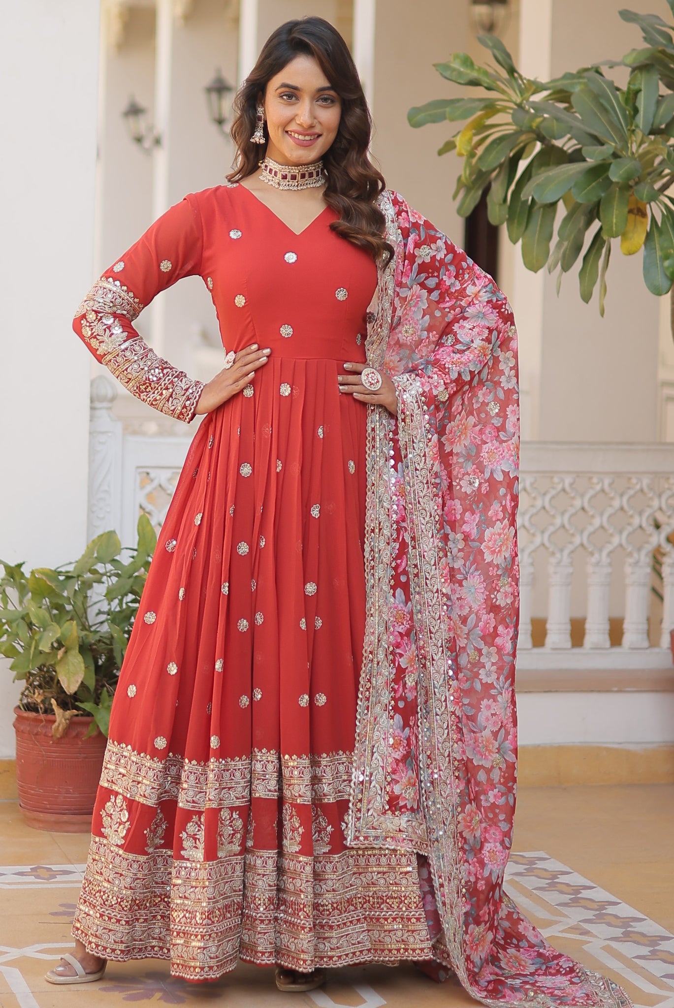 Georgette Embroidered Orange Kurta Set