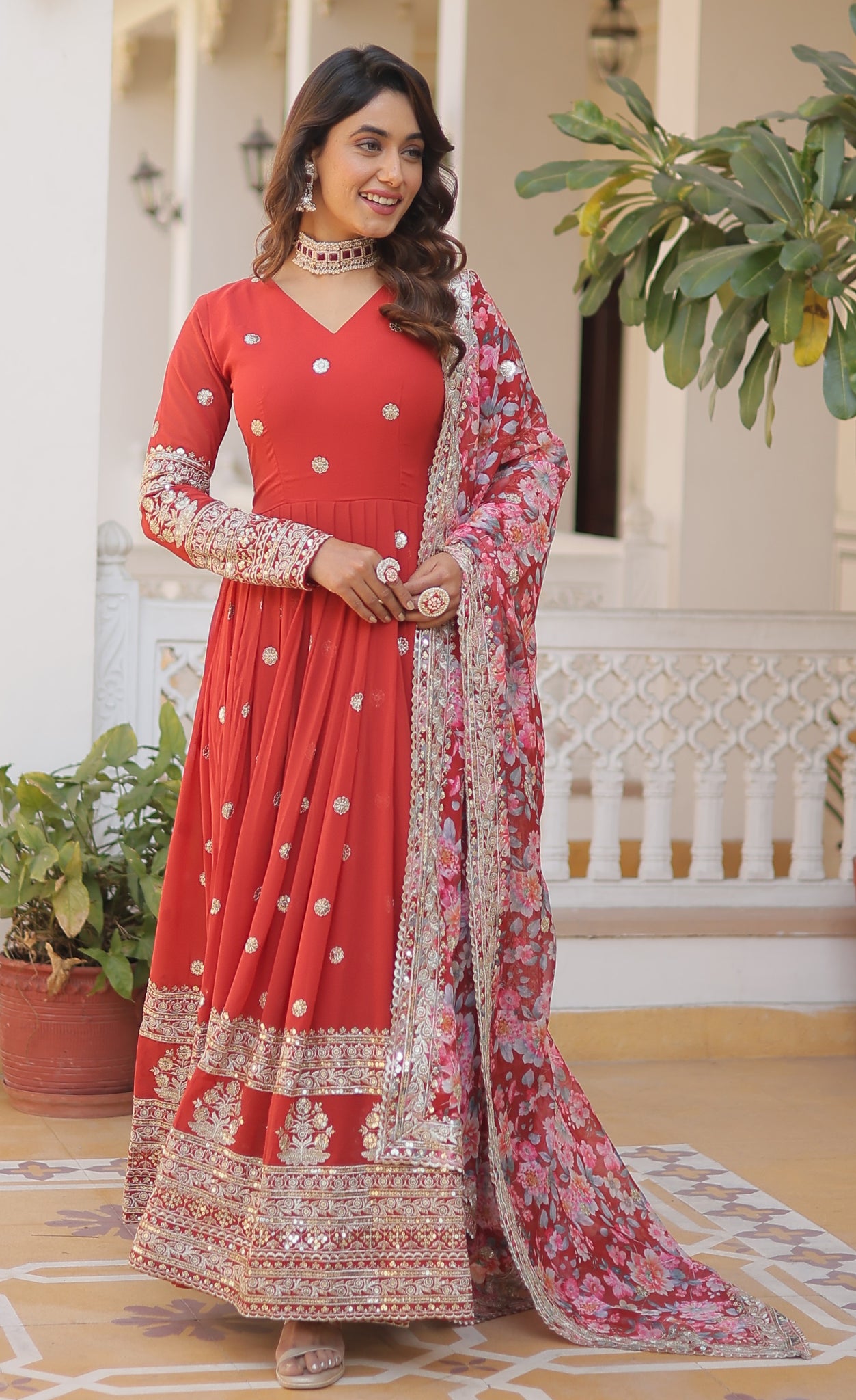 Georgette Embroidered Orange Kurta Set