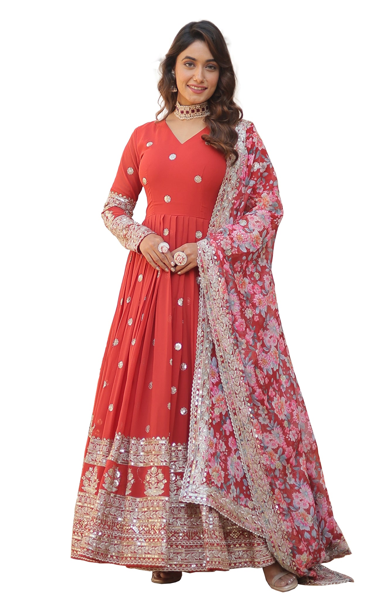 Georgette Embroidered Orange Kurta Set