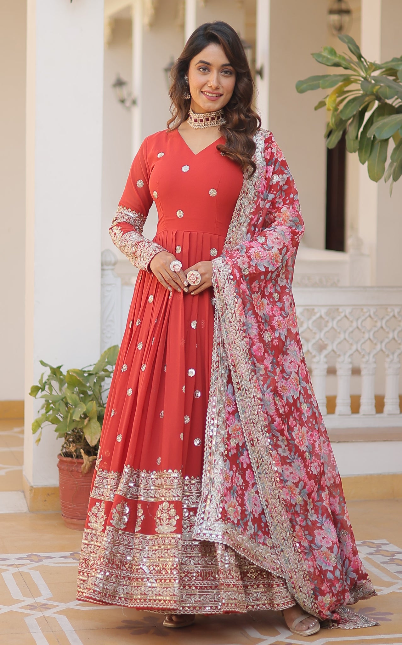 Georgette Embroidered Orange Kurta Set