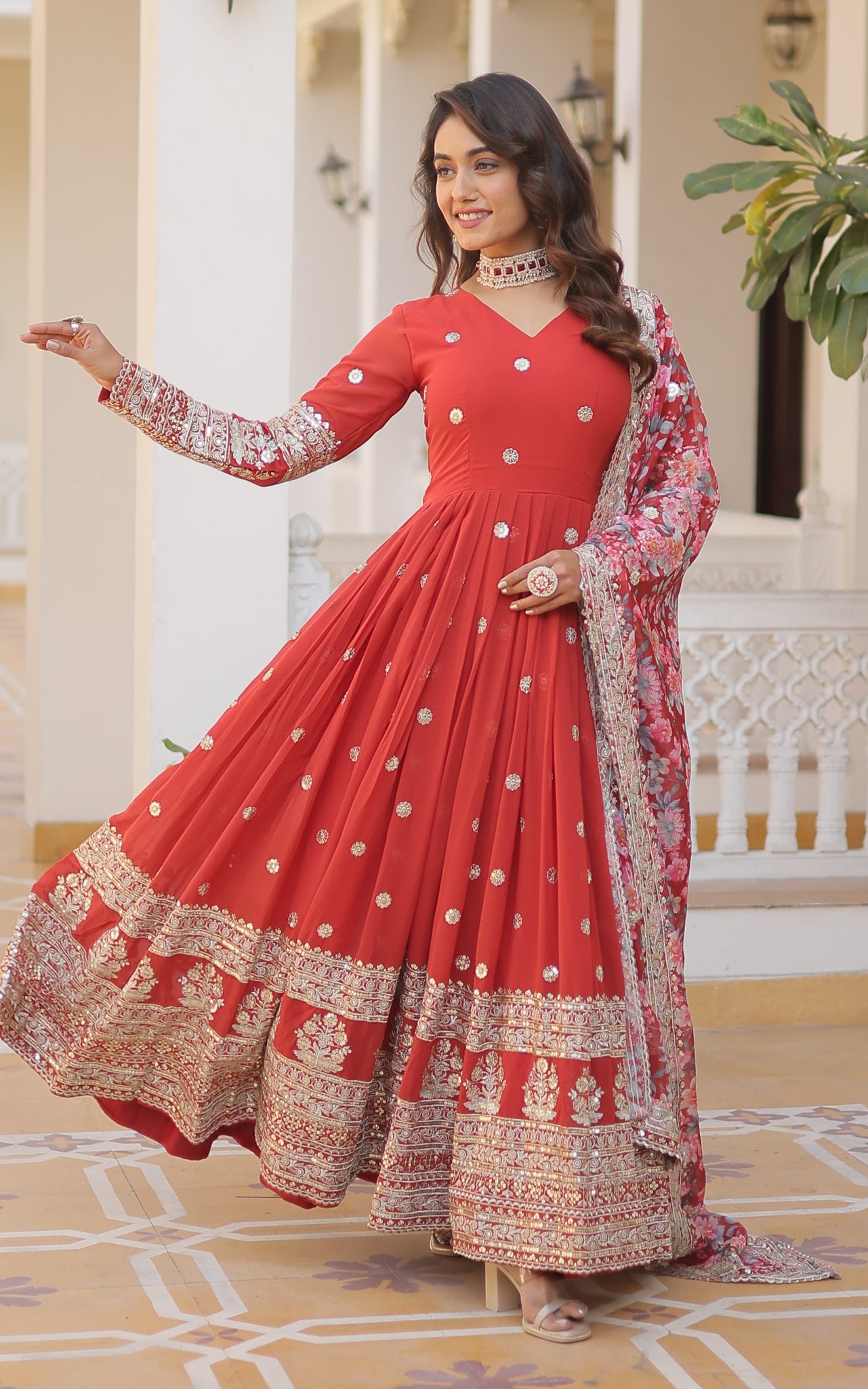 Georgette Embroidered Orange Kurta Set