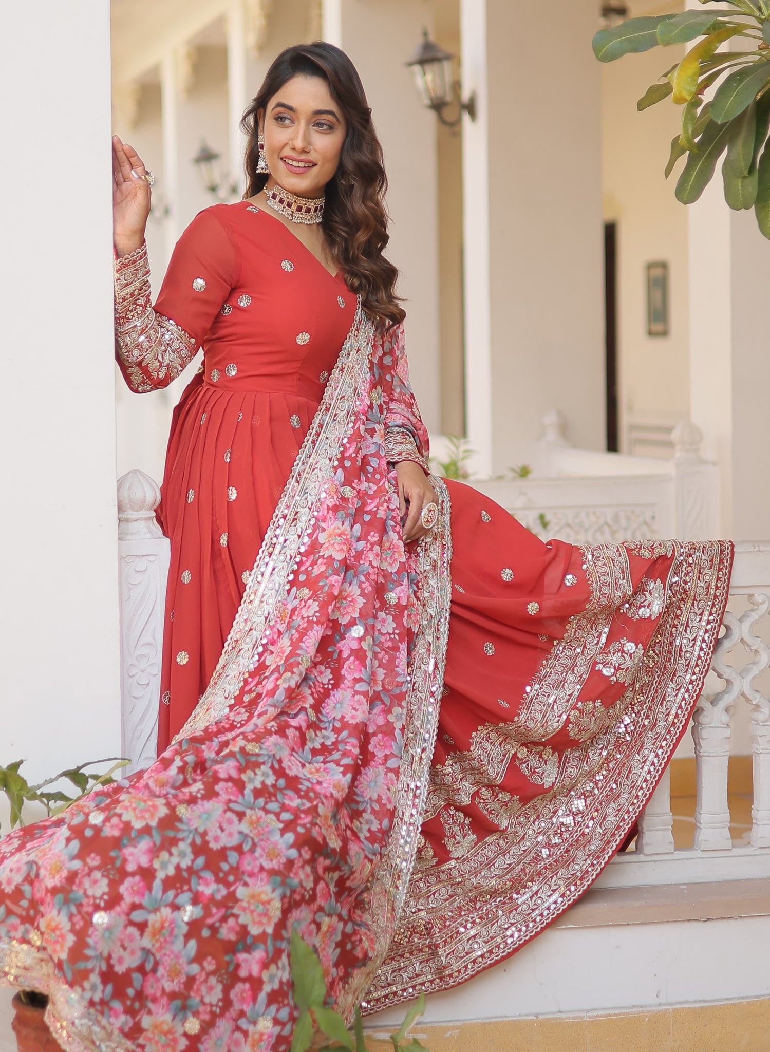 Georgette Embroidered Orange Kurta Set