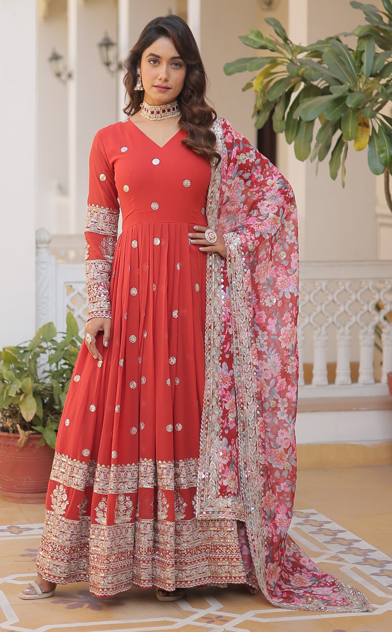 Georgette Embroidered Orange Kurta Set