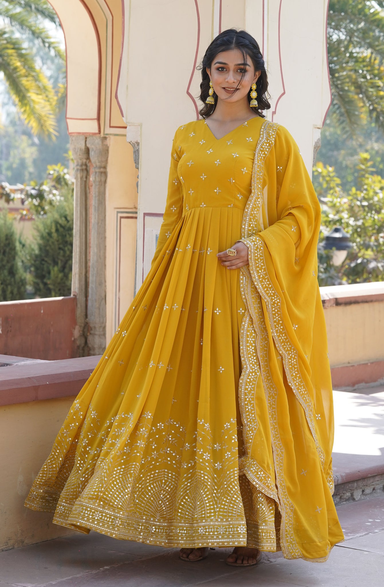 Georgette Sequence Yellow Gown Set