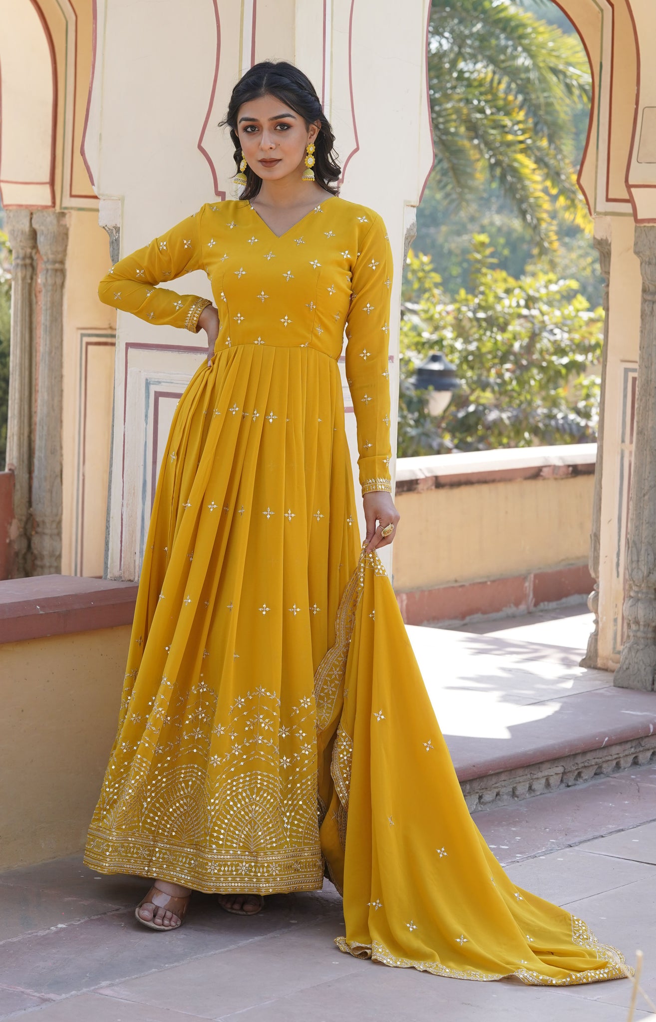 Georgette Sequence Yellow Gown Set