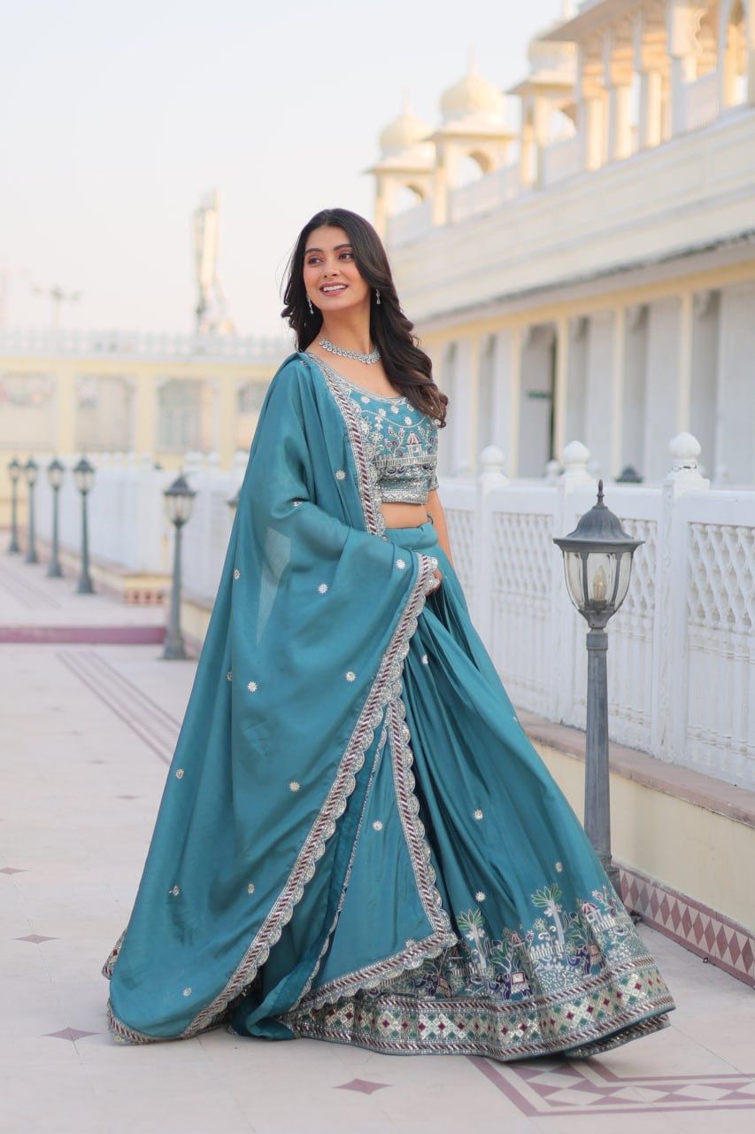 Party Wear Chinon Embroidered Turquoise Lehenga Choli