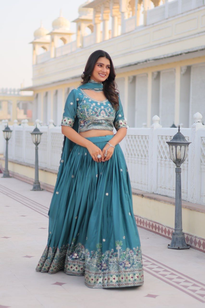 Party Wear Chinon Embroidered Turquoise Lehenga Choli