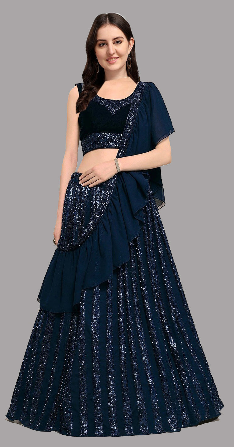 Designer Navy Blue Colour With Inch Blank Sequins Work Partywear Lehenga Choli