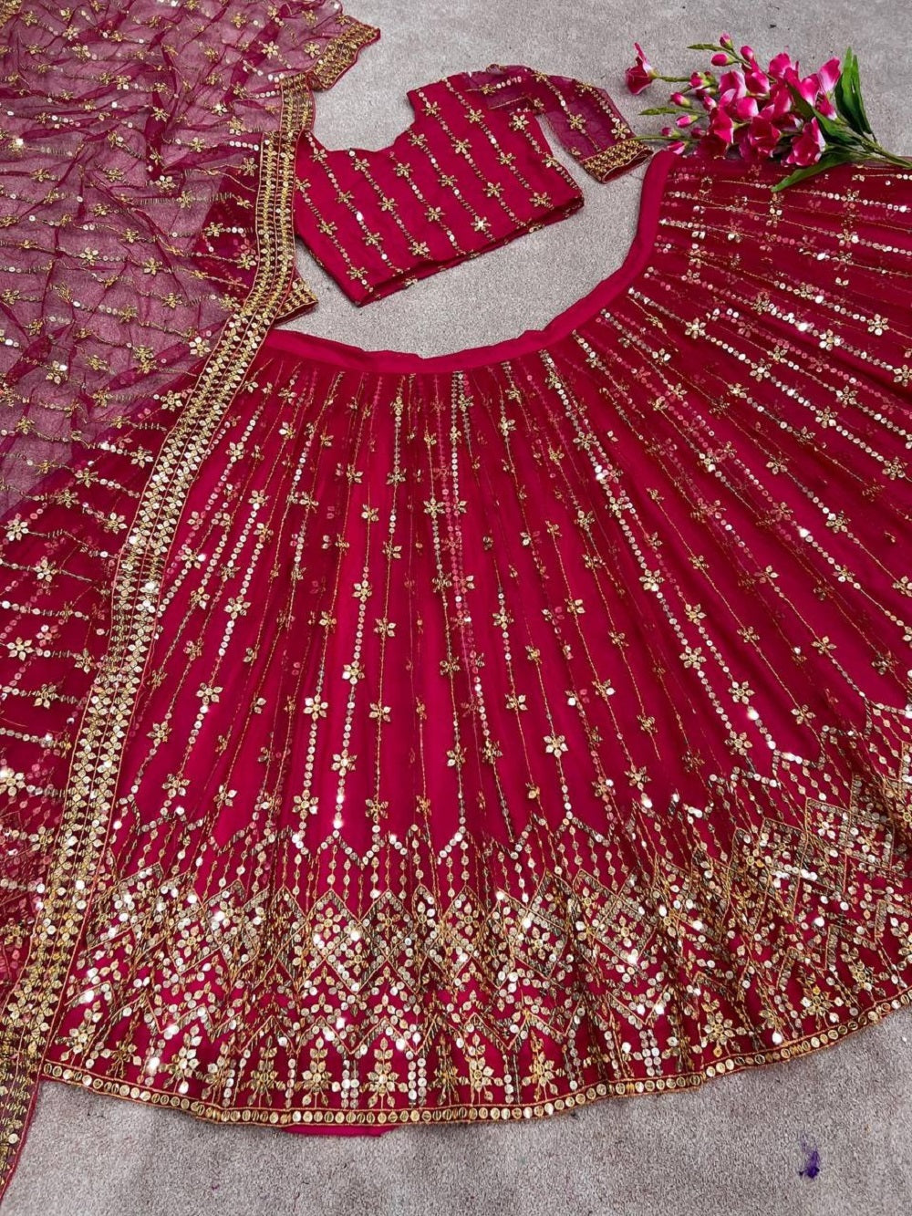 Designer Red Color With Net Embroidered Sequin Work Lehenga Choli