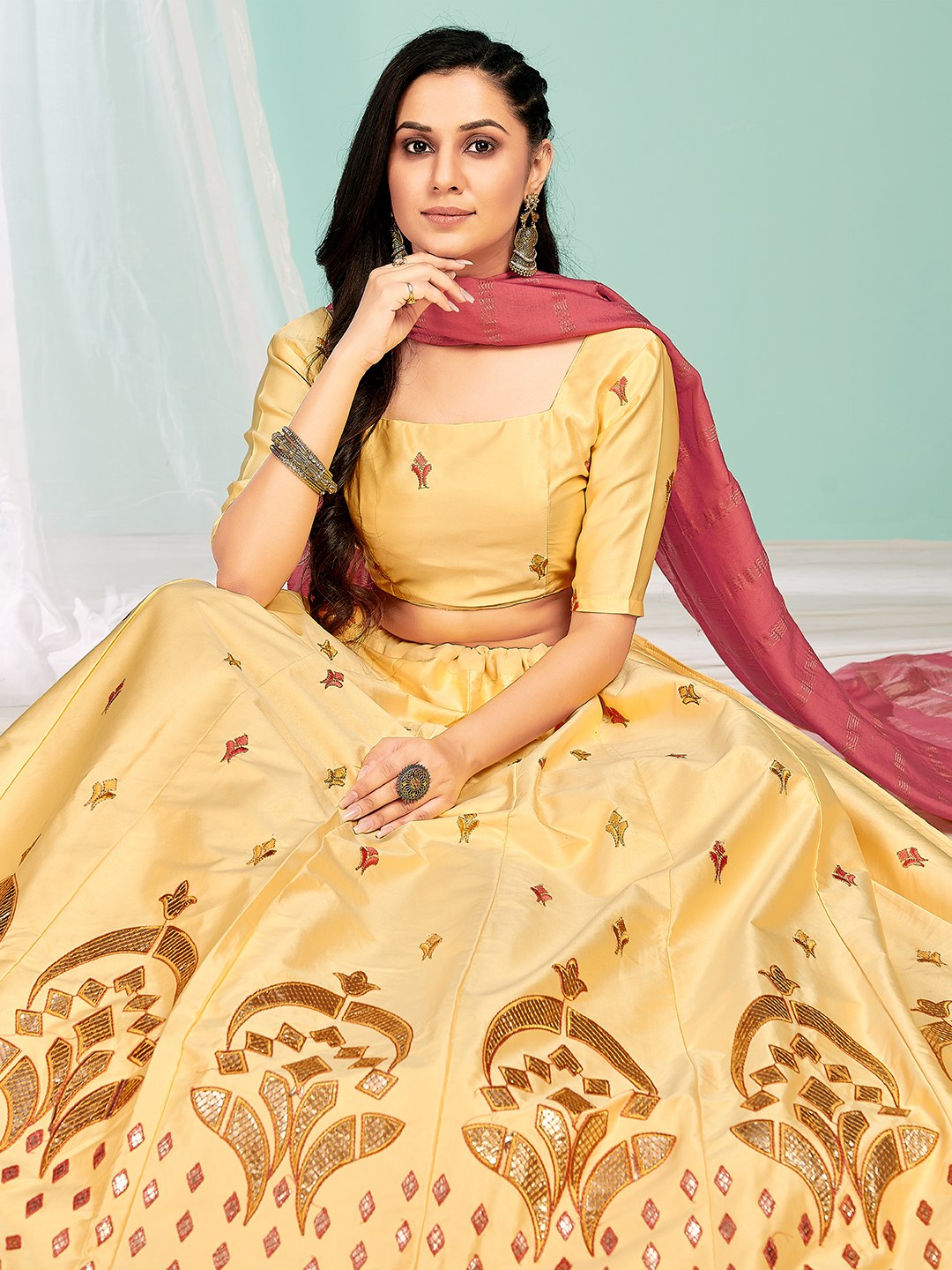 Yellow Satin Embroidered  Lehenga choli For women's