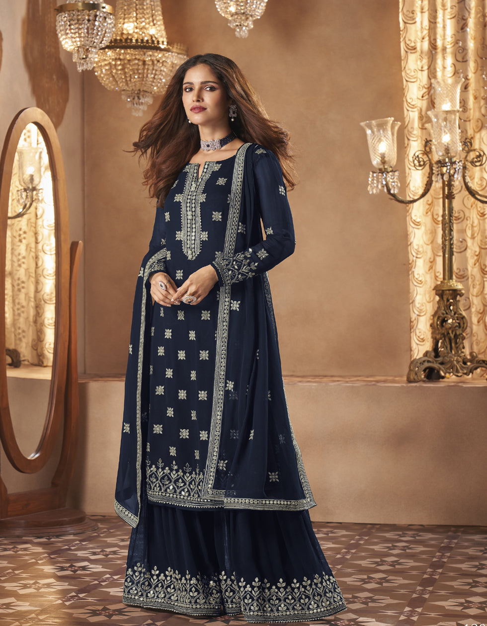 Navy Blue Creap Embroidery Plazzo Suit