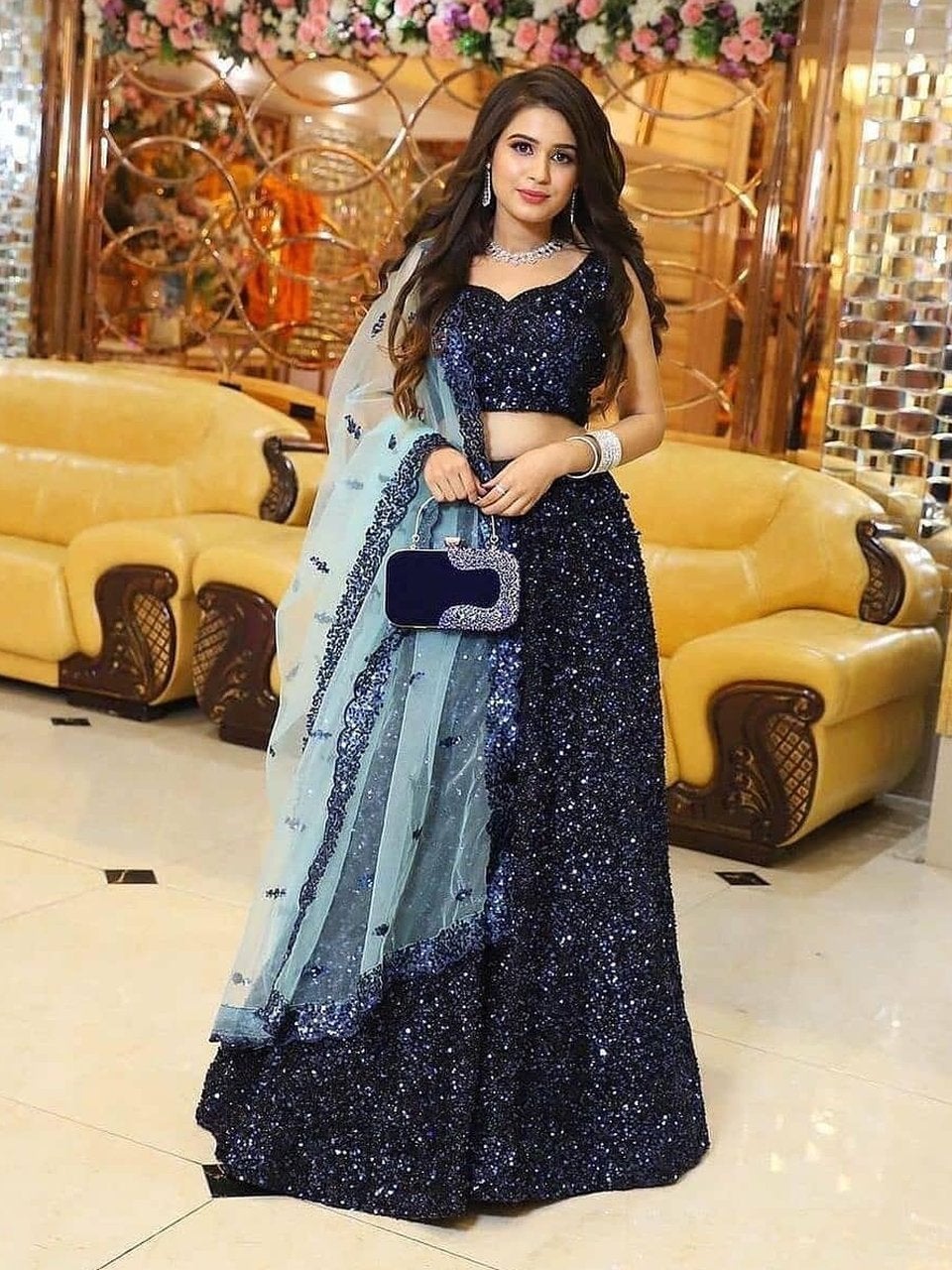 Party Wear Blue Velvet Lehenga Choli With Sequins Work