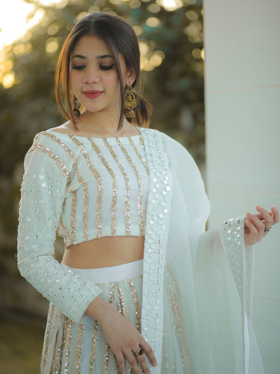 Designer White Georgette Mirror And Sequance Work Party Wear Lehenga Choli