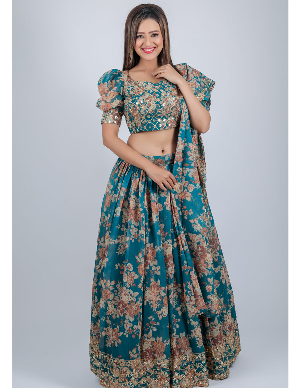 Turquiose Georgette Printed And Embroidery Work Partywear Lehenga Choli