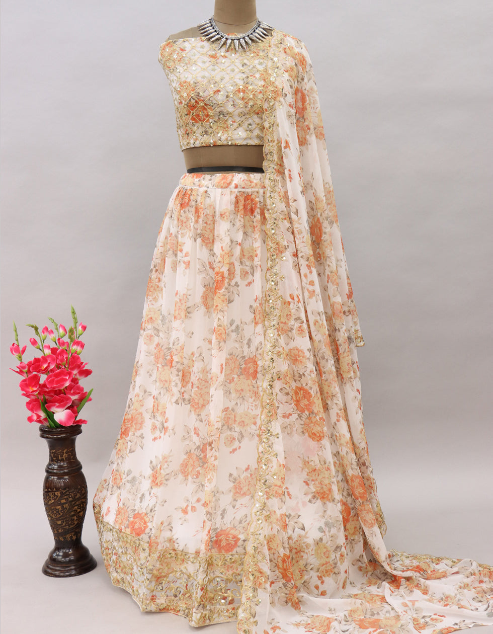 White Georgette Printed And Embroidery Work Partywear Lehenga Choli