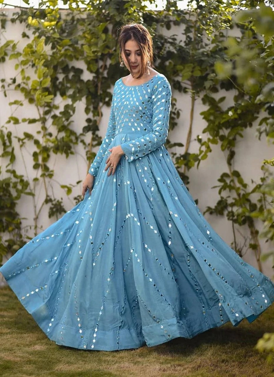 Designer Party Wear Sky Blue Long Georgette Anarkali Gown