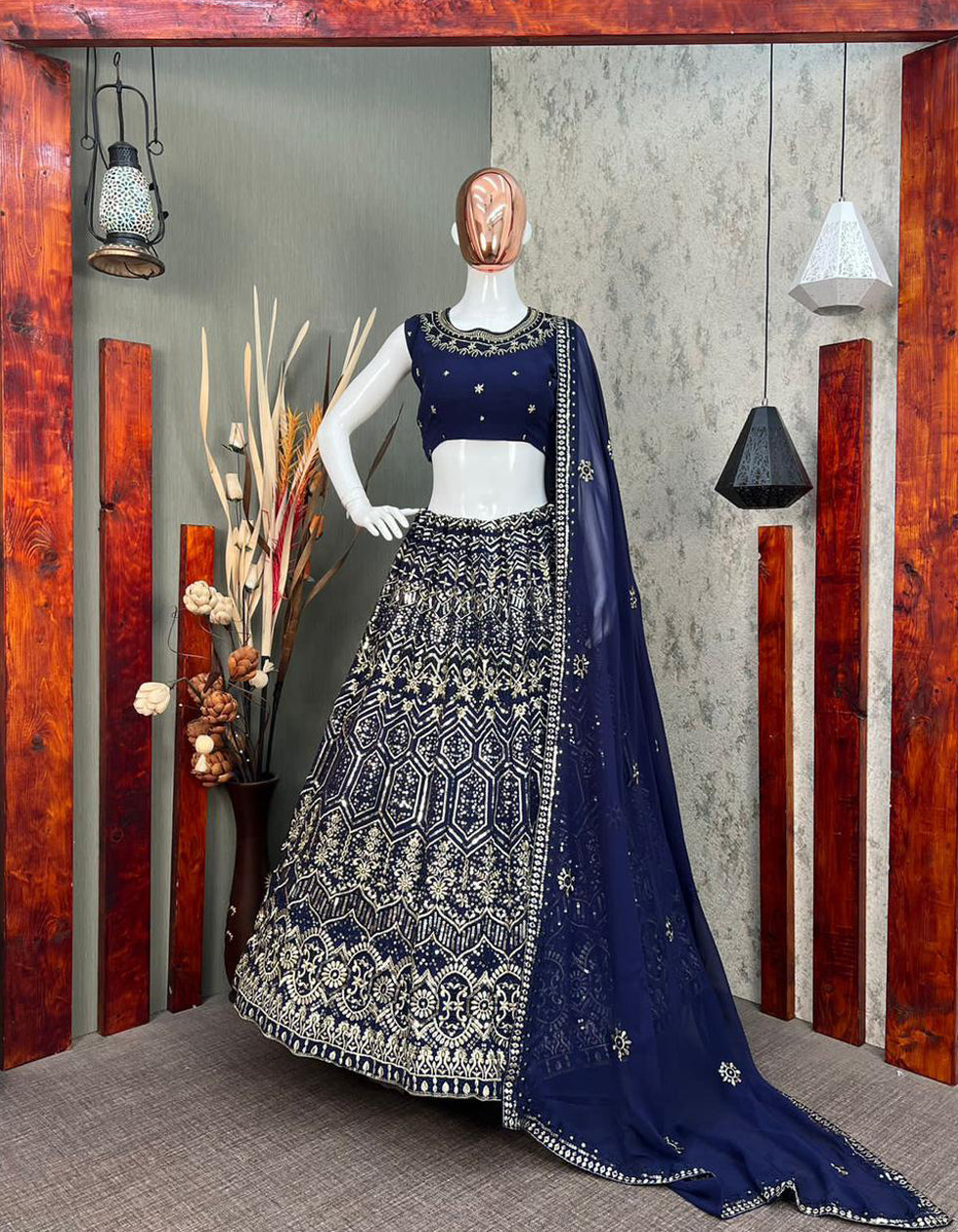 Blue And Golden Georgette Embroidered Sequance Work Party Wear Lehenga Choli