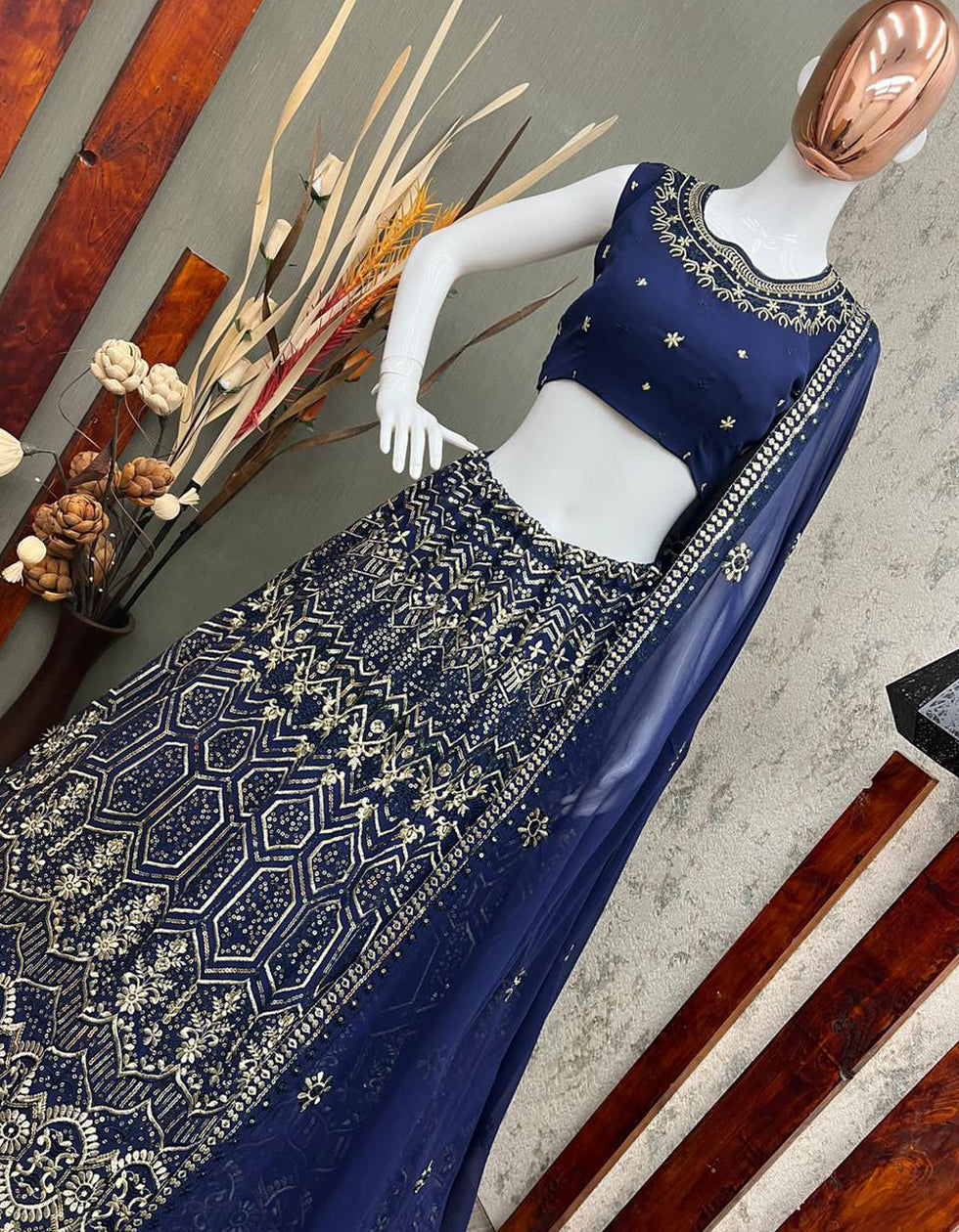 Blue And Golden Georgette Embroidered Sequance Work Party Wear Lehenga Choli