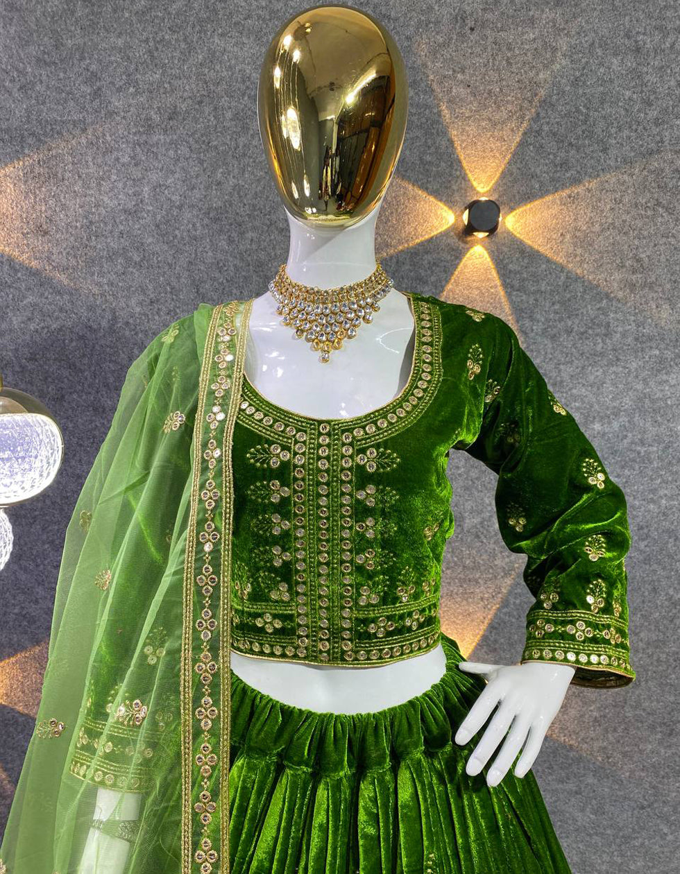 Green velvet Embroidered Zari Party Wear Lehenga Choli