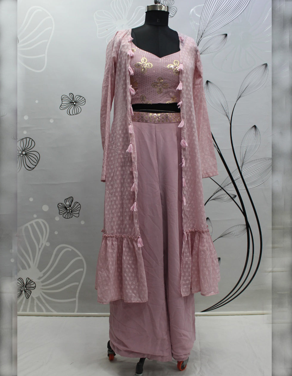 Pink Georgette Embroidered Party Wear Plazzo Suit