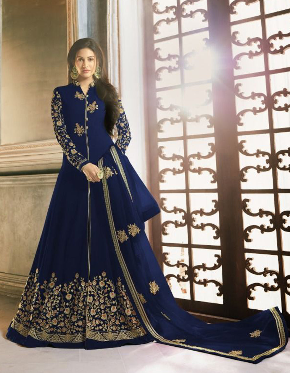 Designer Navy Blue Georgette Party Wear Salwar Suit With Embroidery Work