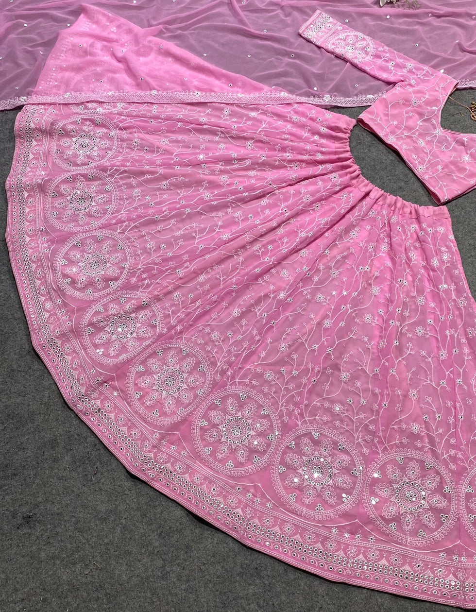 Light Pink Fox Geogette Sequence Coding Embroidery Work Wedding Wear Lehenga Choli
