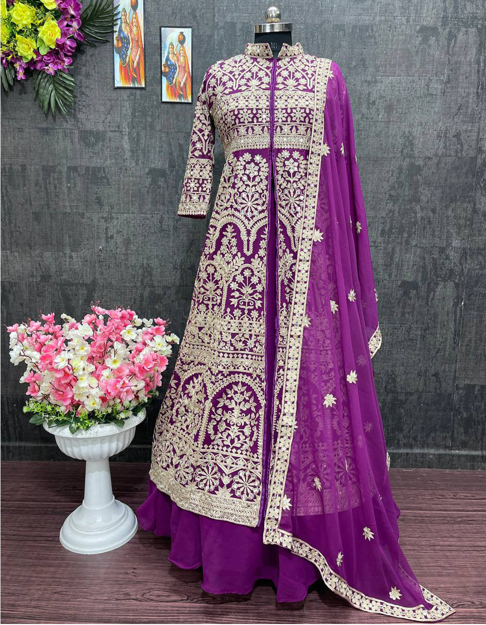 Purple Georgette Heavy Chine Stitch  With Real Mirror Party Wear Indo Western