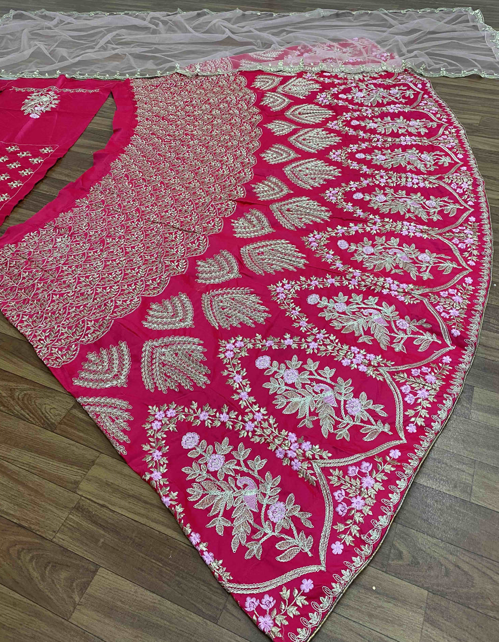 Pink Malay Satin Silk Embroidered Zari  Work Wedding Wear Lehenga Choli