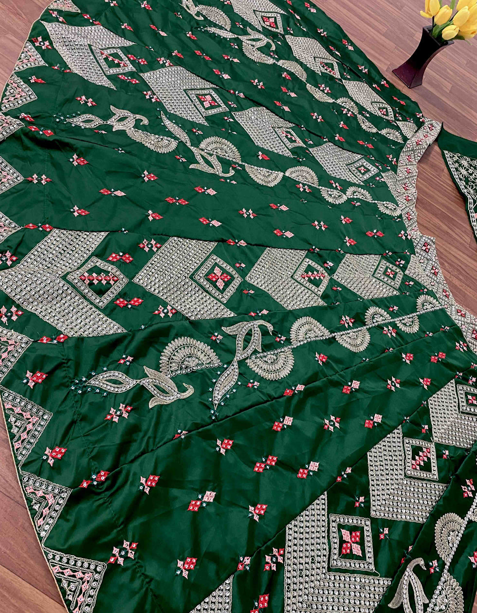 Designer Green Malay Satin Multi Needle Embroidered Work Party Wear Lehenga Choli
