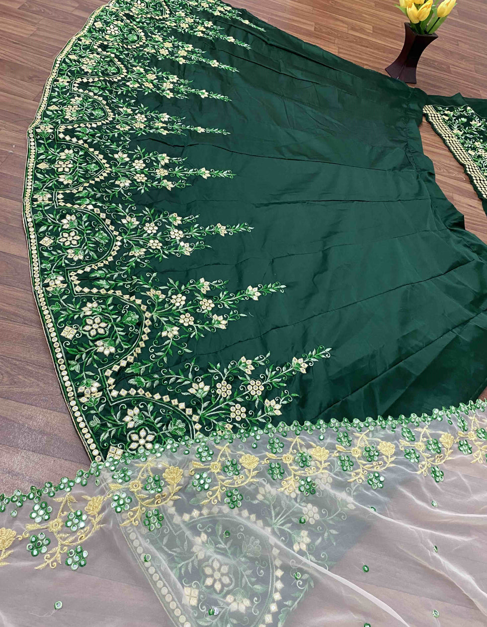Green Malay Satin Silk Embroidered Sequance Zari Work Party Wear Lehenga Choli